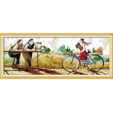 R746JS Пані та її велосипед, 64х27 см. Joy Sunday. Набір для вишивки хрестиком на канві з нанесеним малюнком