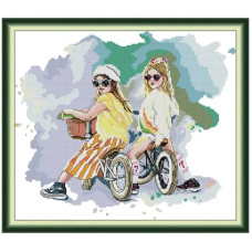 RA553JS Дівчатка на велосипедах, 38х34 см. Joy Sunday. Набір для вишивки хрестиком на канві з нанесеним малюнком