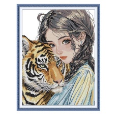 RA715JS Joy Sunday Набір для вишивки друкованим хрестиком - Дівчина з тигром 37x47 см, Aida 14 (схема на канві)