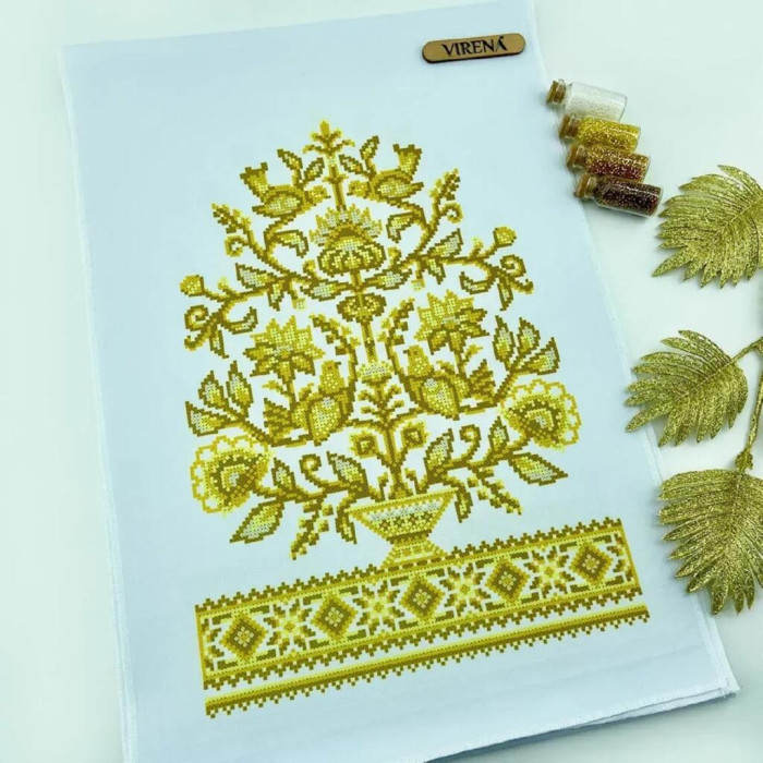 РВВ_077 Virena Заготовка для вишивки бісером - Весільний рушник великий в золоті, 35x190 см (габардин)