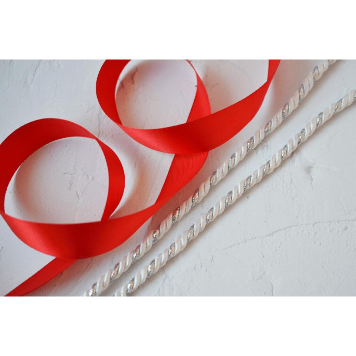 Набір для декору ялинкових іграшок Tela Artis: шнур 6мм білий/срібло+ стрічка червона 2,5см