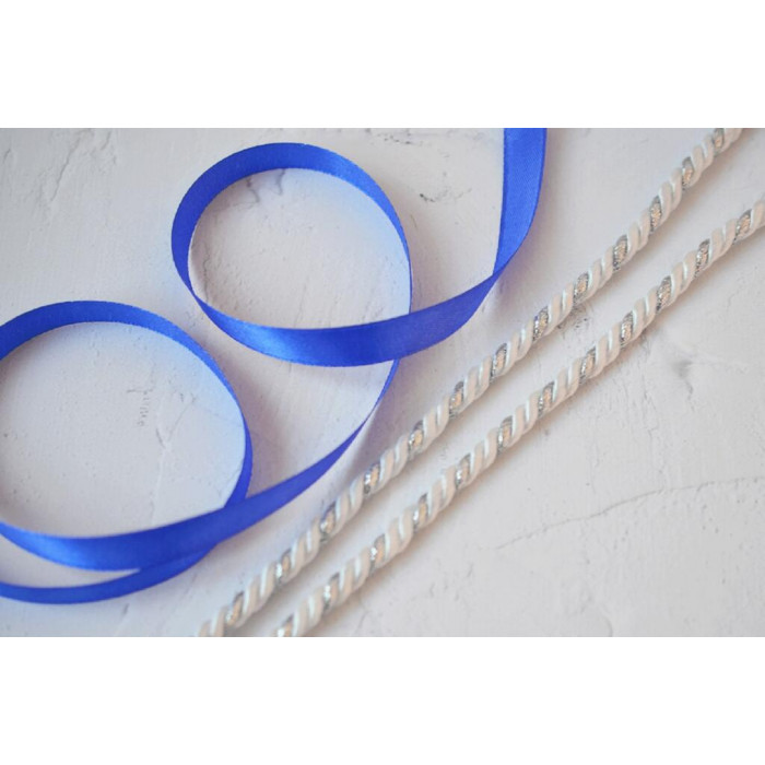 Набір для декору ялинкових іграшок Tela Artis: шнур 6мм білий/срібло+ стрічка синя 1,2см
