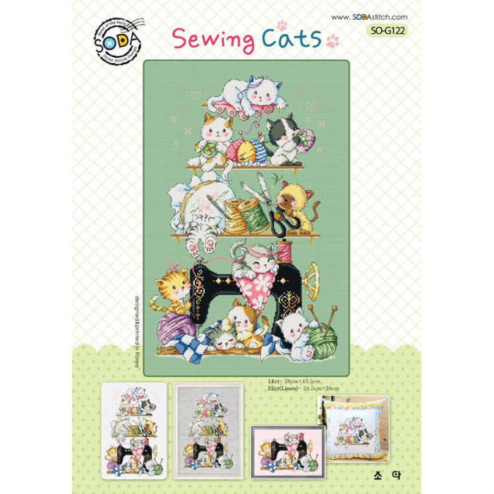 SO-G122L SODA Stitch Набір для вишивки рахунковим хрестиком - Швейні кошенята Sewing Cats 24,5x38 см, Linen 32