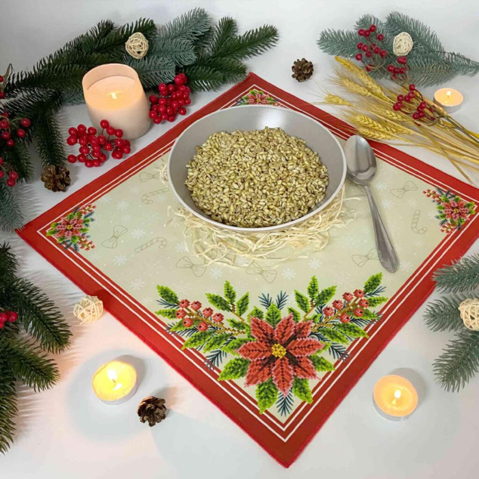 СПВ_204 Virena Заготовка для вишивки бісером - Серветка різдвяна з різдвяними квітами 40x40 см (схема на габардині)