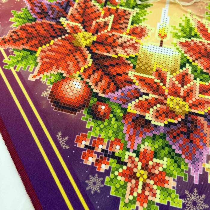 СПВ_206 Virena Заготовка для вишивки бісером - Серветка різдвяна зі свічкою та різдвяними квітами 40x40 см (схема на габардині)