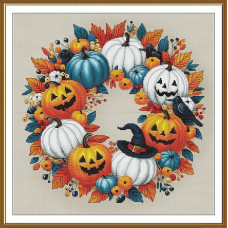 СР2373 Нова Слобода Набір для вишивки рахунковим хрестиком - Віночок Хелловін 32x32 см, Aida 16 (канва з фоном)