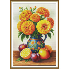 СР3457 Нова Слобода Набір для вишивки рахунковим хрестиком - Букет чорнобривців 30x44 см, Aida 16 (канва з фоном)