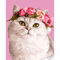 SS1101 Кішка з вінком із квітів, 30х40 см. Strateg. Картина за номерами (Стратег)