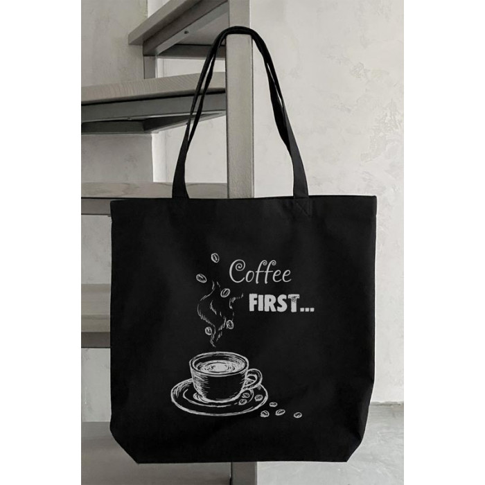 СШ025пЧ4142 Пошита сумка-шопер Спочатку кава (англійською), 41х42 см. Барвиста вишиванка