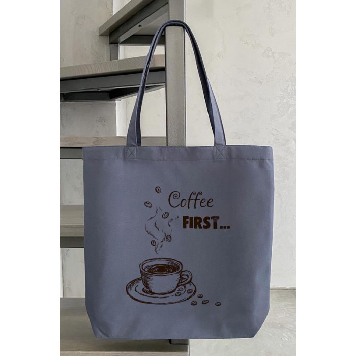СШ025пГ4142 Пошита сумка-шопер Спочатку кава (англійською), 41х42 см. Барвиста вишиванка