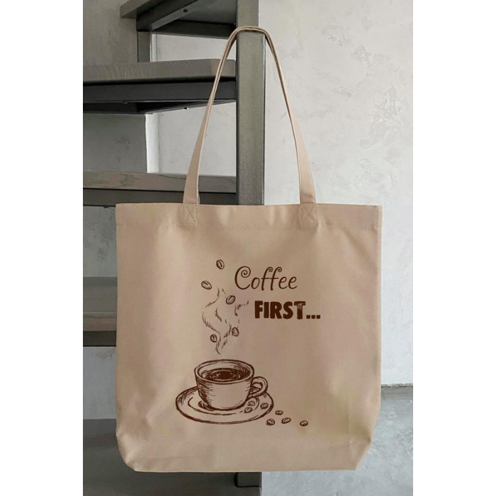 СШ025пМ4142 Пошита сумка-шопер Спочатку кава (англійською), 41х42 см. Барвиста вишиванка