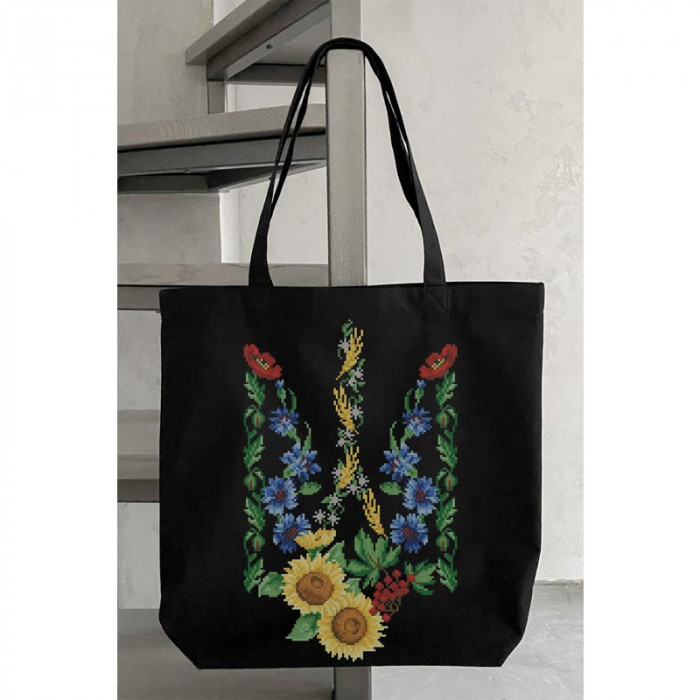 СШ028пЧ4142 Пошита сумка-шопер Тризуб Квіти України на габардині, 41х42 см. Барвиста вишиванка