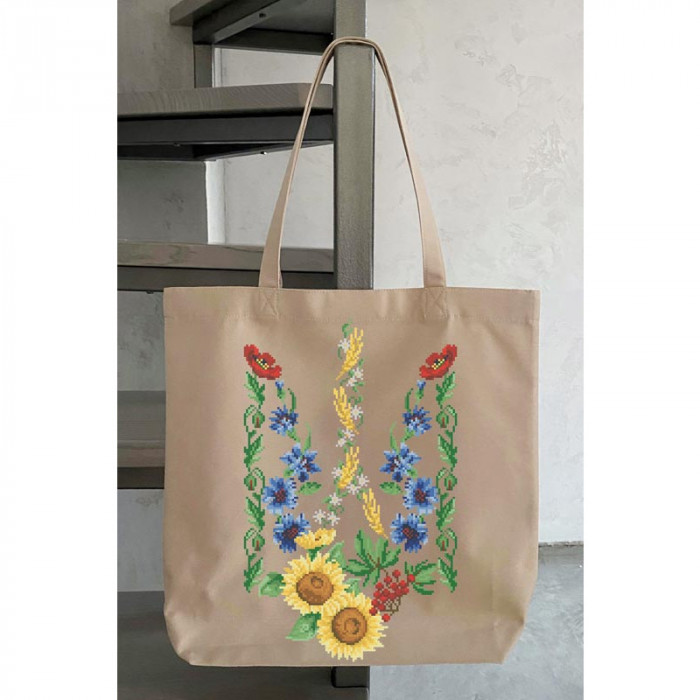 СШ028пМ4142 Пошита сумка-шопер Тризуб Квіти України на габардині, 41х42 см. Барвиста вишиванка