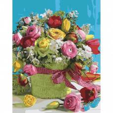 SY6409 Різнокольоровий букет квітів, на кольоровому фоні 40х50 см. Strateg. Картина за номерами (Стратег)