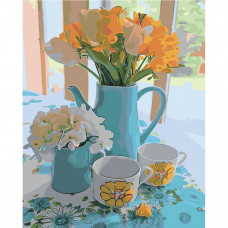 SY6424 Ранкові квіти, на кольоровому фоні 40х50 см. Strateg. Картина за номерами (Стратег)
