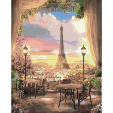 SY6488 Столики в Парижі, на кольоровому фоні 40х50 см. Strateg. Картина за номерами (Стратег)
