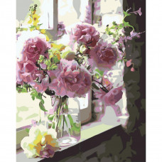 SY6497 Квіти у бутлі, на кольоровому фоні 40х50 см. Strateg. Картина за номерами (Стратег)