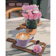 SY6518 Троянди з кавою, на кольоровому фоні 40х50 см. Strateg. Картина за номерами (Стратег)