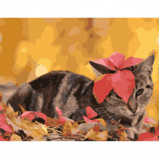 SY6728 Котик з листочком, 40x50 см. Strateg. Картина за номерами (Стратег)