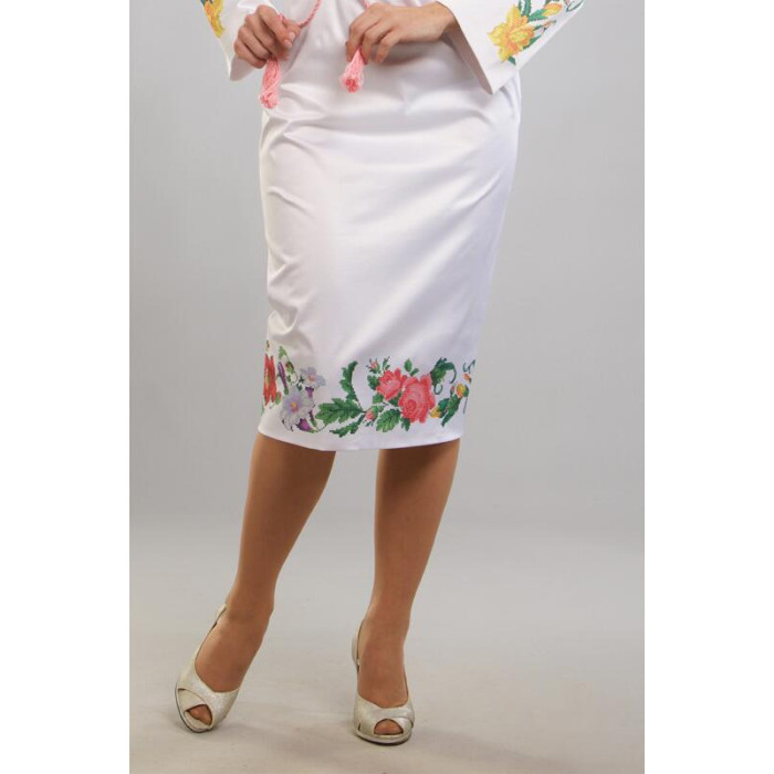 СЖ023пБнннн Барвиста вишиванка Заготовка для вишивки - Спідниця жіноча Королівські квіти р.42-54 габардин, білий