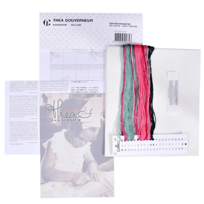 T2034A Thea Gouverneur Набір для вишивки рахунковим хрестиком - Подушка Троянда Rose Bouquet Cushion 35x35 см, Aida 12