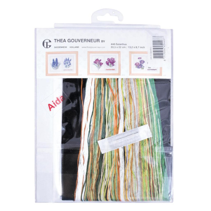 T446.05 Thea Gouverneur Набір для вишивки рахунковим хрестиком - Панно пролісків Snowdrops Panel22x33 см, Aida 18 (чорна)