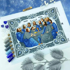 ТБ_А3Р_341 Virena Набір для вишивки бісером та бусинами - Ікона Таємна вечеря в сріблі та синьому кольорі 27х36,5 см (габардин)