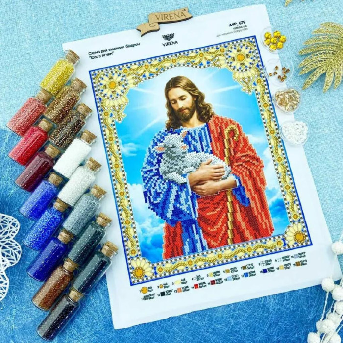 ТБ_А4Н_679 Virena Набір для вишивки бісером - Ісус з ягням в золоті 19х23,5 см (габардин)