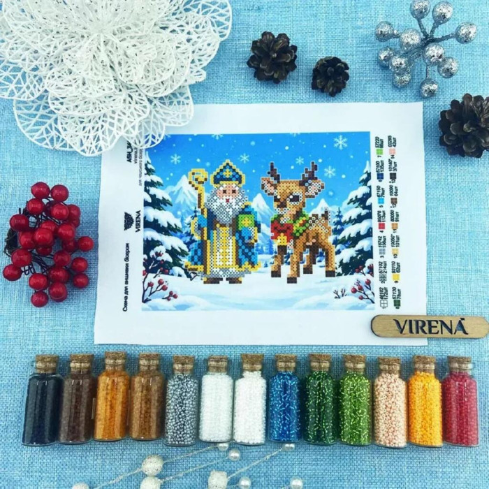 ТБ_А5Н_369 Virena Набір для вишивки бісером - Святий Миколай і різдвяний олень, 15,3х11,5 см (габардин)
