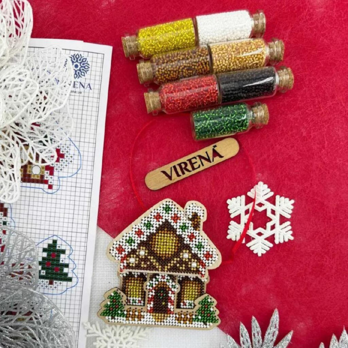 ТБ_ІДН_3Д_103 Virena Набір для вишивки бісером по дереву - Іграшка новорічна-магніт Будиночок, 9,3х9,6х1,2 см