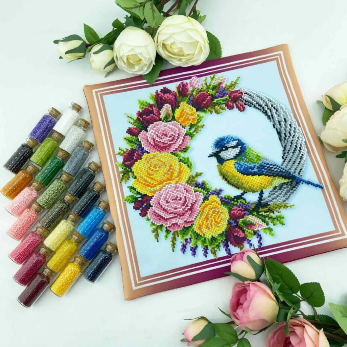 ТБ_НД_248 Virena Набір для вишивки бісером - Наволочка декоративна Віночок з пташкою  31x31 см (схема на габардині)