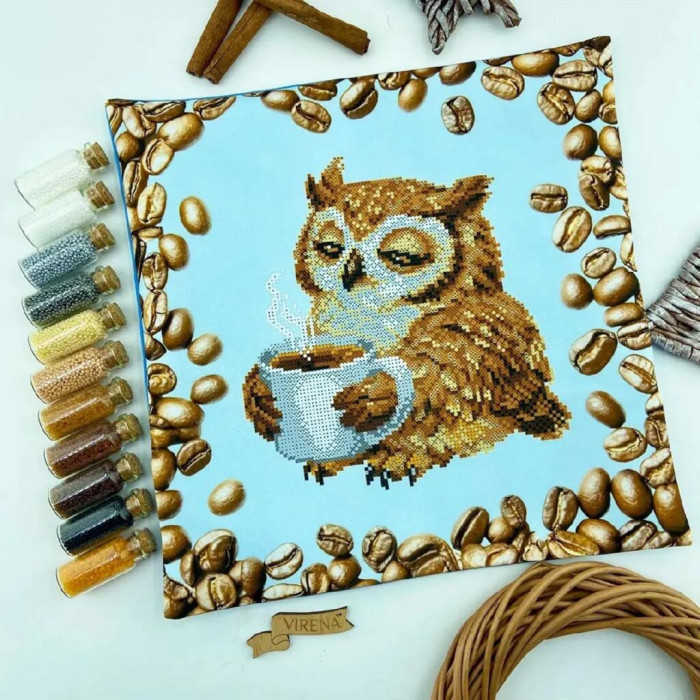 ТБ_НД_250 Virena Набір для вишивки бісером - Наволочка декоративна Сова з чашкою кави 31x31 см (схема на габардині)