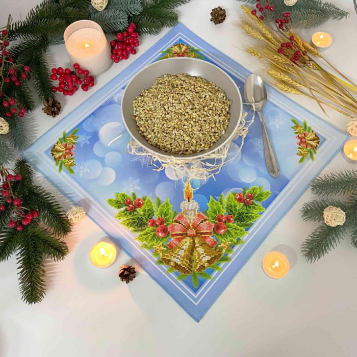 ТБ_СПВ_205 Virena Набір для вишивки бісером - Серветка різдвяна зі свічкою та дзвіночками 40x40 см (габардин)