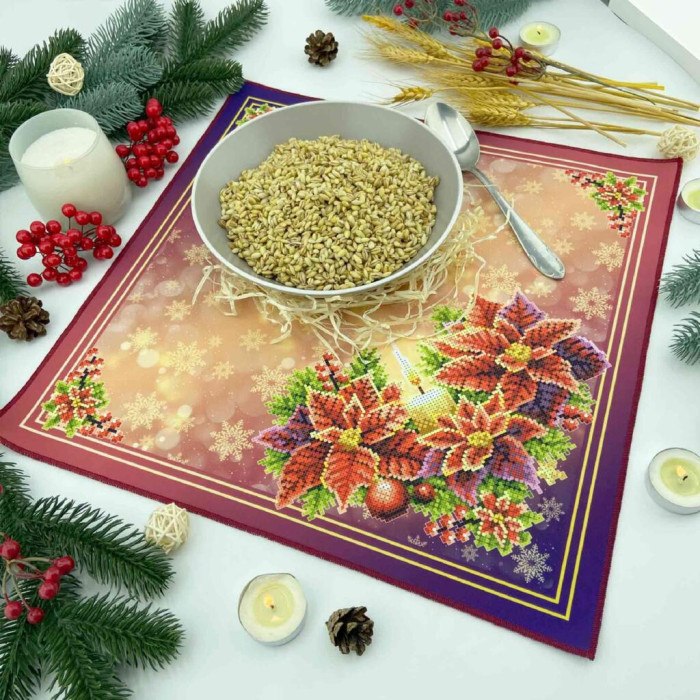 ТБ_СПВ_206 Virena Набір для вишивки бісером - Серветка різдвяна зі свічкою та різдвяними квітами 40x40 см (габардин)