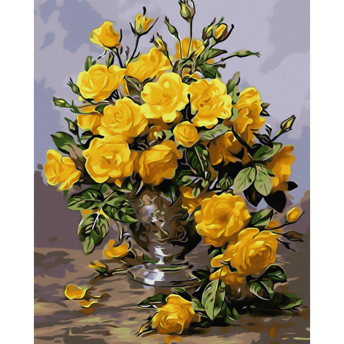 TC3371 Жовті троянди у срібній вазі. Пан Мольберт. Набір для малювання картини за номерами