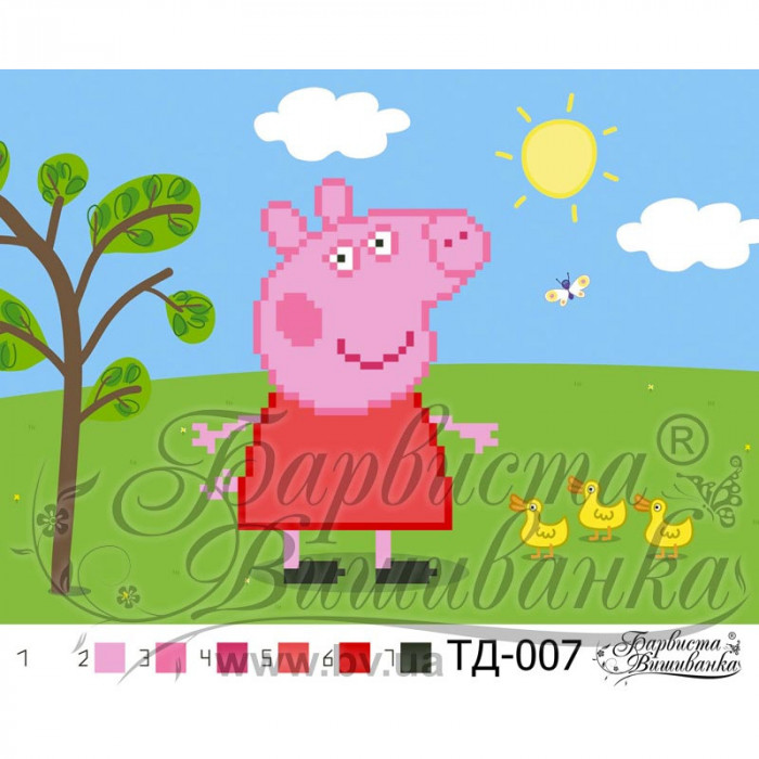 ТД007ан2115 Свинка Пеппа (серія: Свинка Пеппа) 15х21 см. Барвиста вишиванка. Схема для вишивки бісером