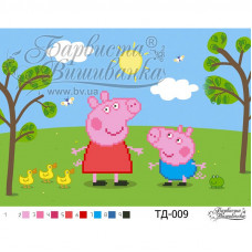 ТД009ан3021 Свинка Пеппа і Джордж (серія: Свинка Пеппа) 30х21 см. Барвиста вишиванка. Схема для вишивки бісером