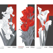 ТК037пн6958k Триптих червоно-сірі іриси, тюльпани, кали, на габардині. Барвиста вишиванка. Набір для вишивки бісером