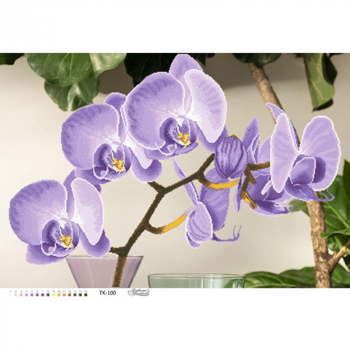 ТК100ан8658 Стильная фиолетовая орхидея на атласе. Барвиста вишиванка. Схема для вышивки бисером