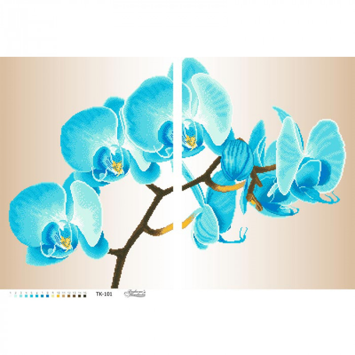 ТК101пн8658 Яркая голубая орхидея (диптих) на габардине. Барвиста вишиванка. Схема для вышивки бисером