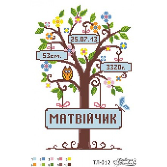 ТЛ012пн2233 Метрика хлопчика Деревце на габардині. Барвиста вишиванка. Схема на тканині для вишивання бісером