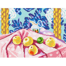 TL94 Натюрморт з яблуками на рожевій скатертині © А. Матісс, 36х47 см. Quick Tapestry. Набір для вишивки пряжею гобеленовим стібком по канві з малюнко