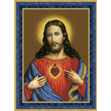 ТО077ан3143k Ікона Відкрите Серце Ісуса, на атласі. Барвиста вишиванка. Набір для вишивки бісером