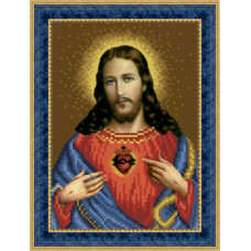ТО081ан1622k Ікона Відкрите Серце Ісуса, на атласі. Барвиста вишиванка. Набір для вишивки бісером