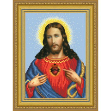 ТО090ан1622k Ікона Відкрите Серце Ісуса, на атласі. Барвиста вишиванка. Набір для вишивки бісером