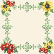 ТР033аМ5252k Барвиста вишиванка Набір для вишивки бісером - Скатертина Маки і Соняшники 80х80 см (атлас, бежевий)