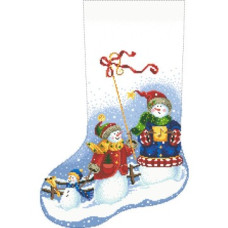 ТР159аБ3149k Барвиста вишиванка Набір для вишивки бісером - Пошитий новорічний чобіток Сніговики-Колядники 31x49 (атлас, білий)