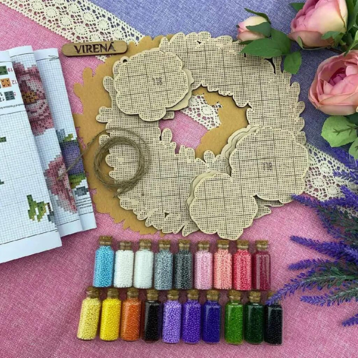 Віночок_118 Virena Заготовка для вишивки бісером по дереву - Віночок настінний Троянди, 24x24 см