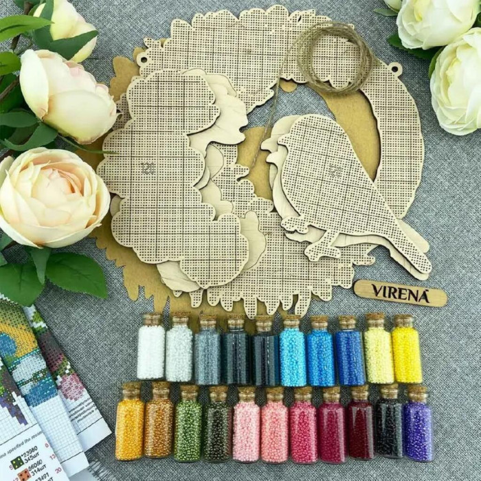 Віночок_120 Virena Заготовка для вишивки бісером по дереву - Віночок настінний Синичка, 26x26 см