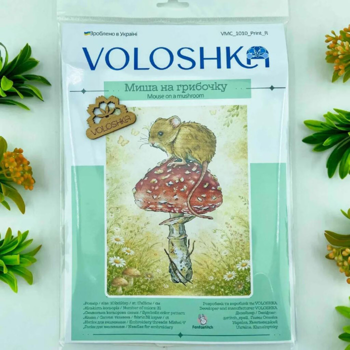 VMC_1010_R Voloshka Набір для вишивки рахунковим хрестиком - Миша на грибочку 17x31 см, рівномірка 32 ct (канва з фоном)